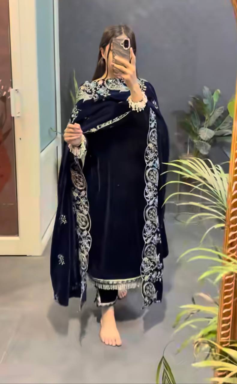 Royal Blue Velvet Embroidered Suit Set with Dupatta