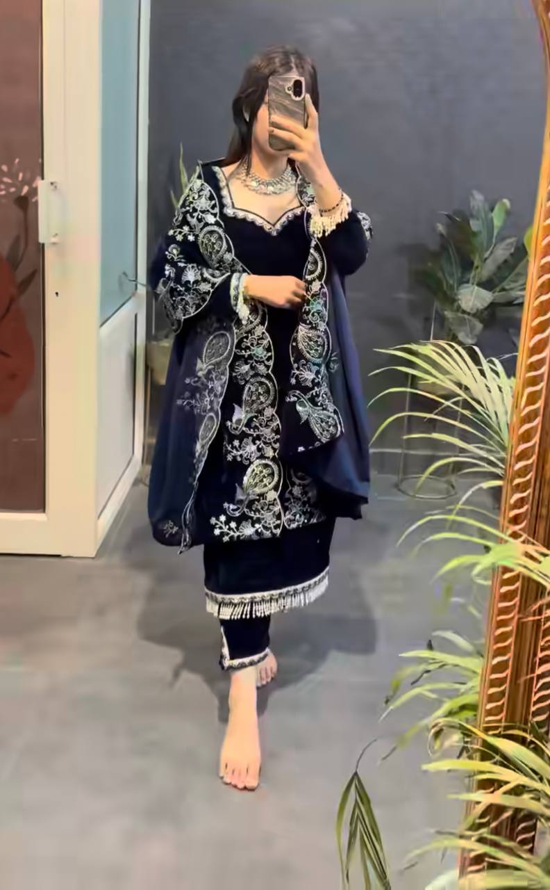 Royal Blue Velvet Embroidered Suit Set with Dupatta