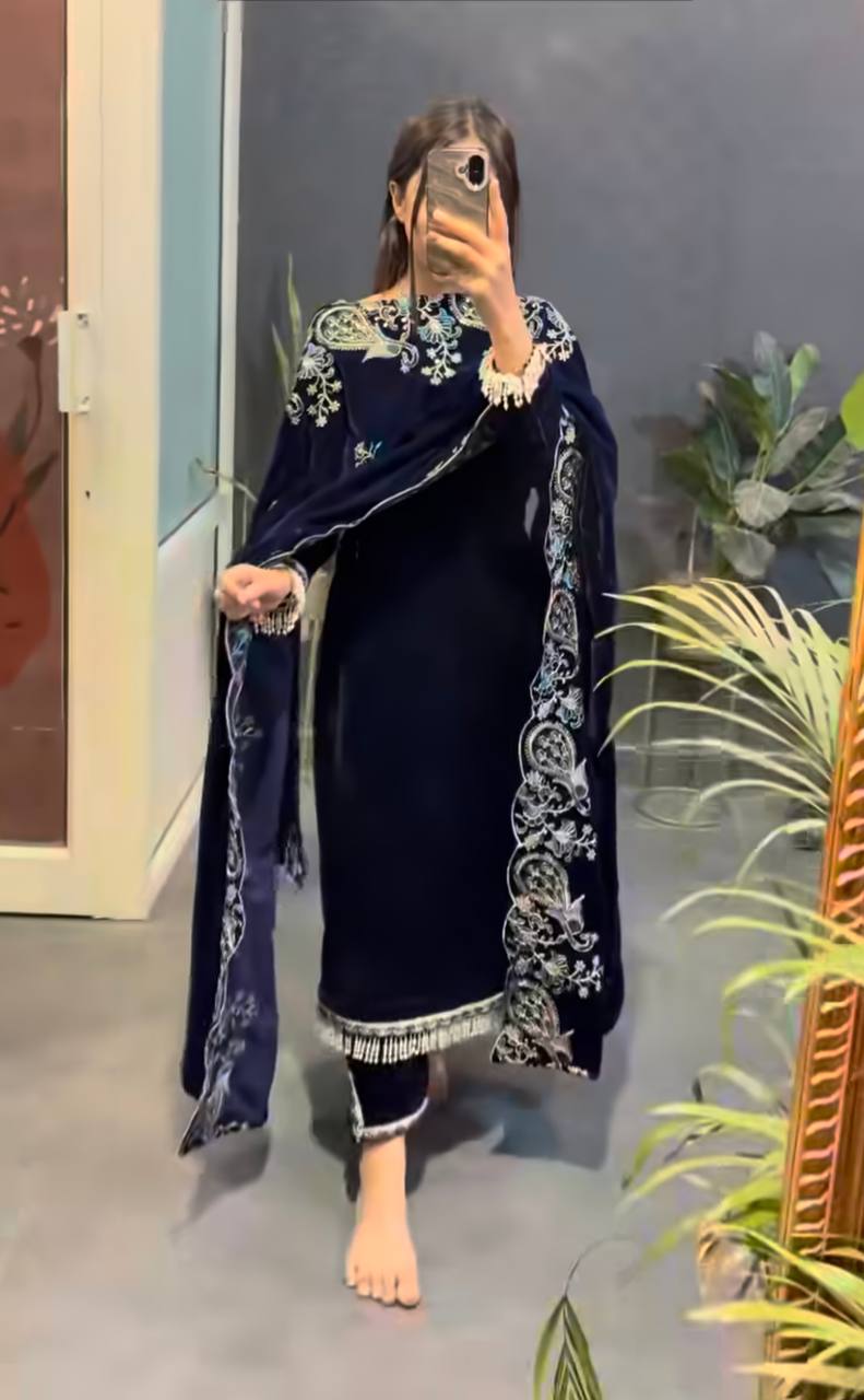 Royal Blue Velvet Embroidered Suit Set with Dupatta