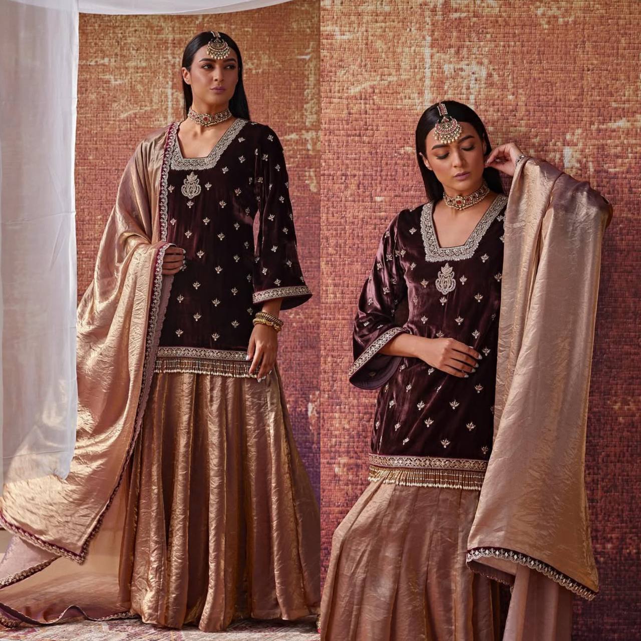 Premium Velvet Partywear Lehenga Palazzo Set – Golden Brown Edition