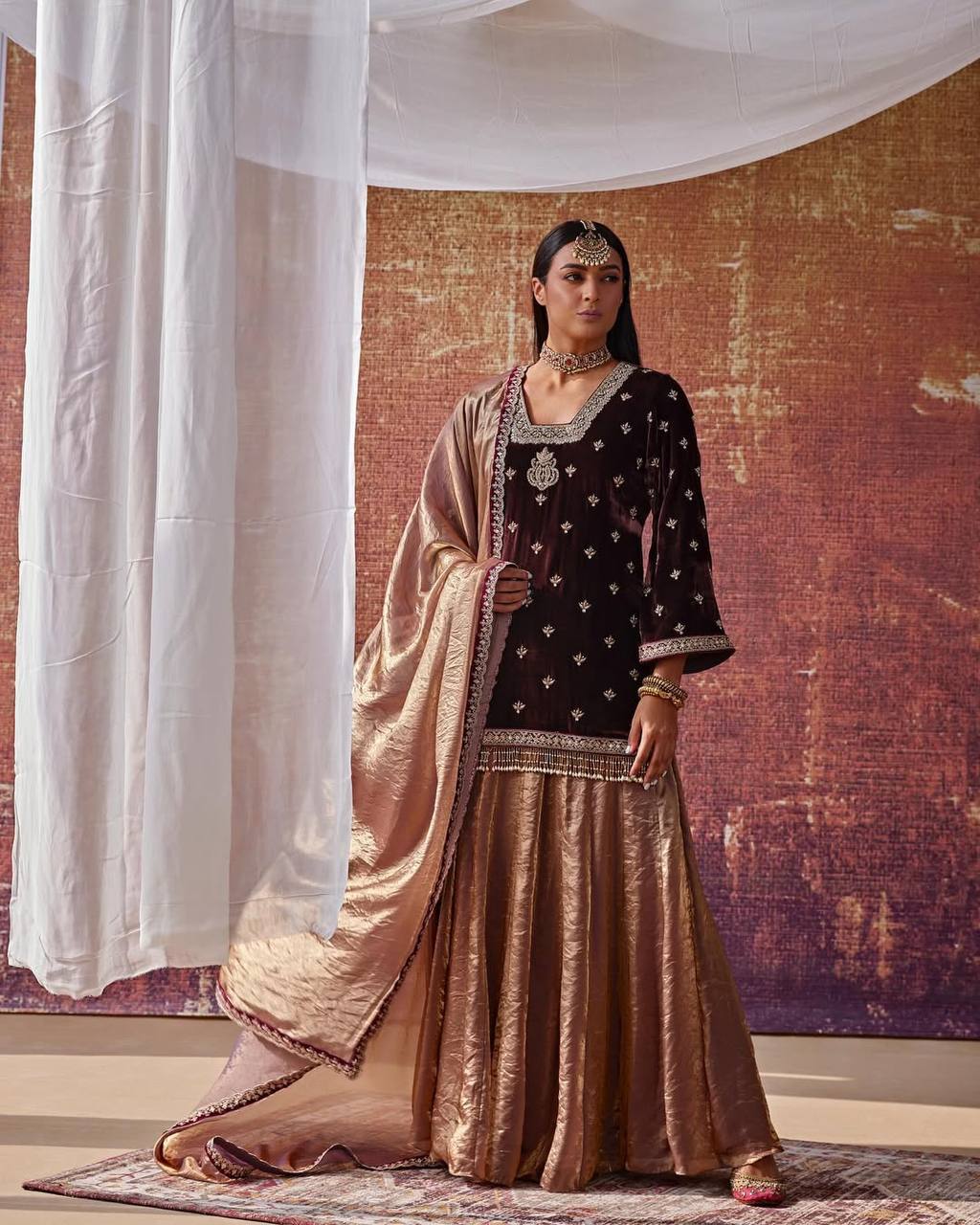 Premium Velvet Partywear Lehenga Palazzo Set – Golden Brown Edition