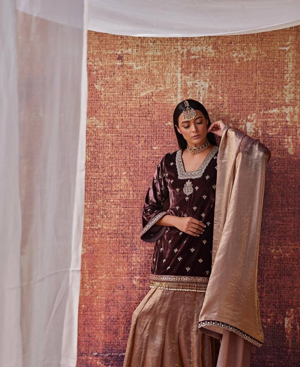 Premium Velvet Partywear Lehenga Palazzo Set – Golden Brown Edition