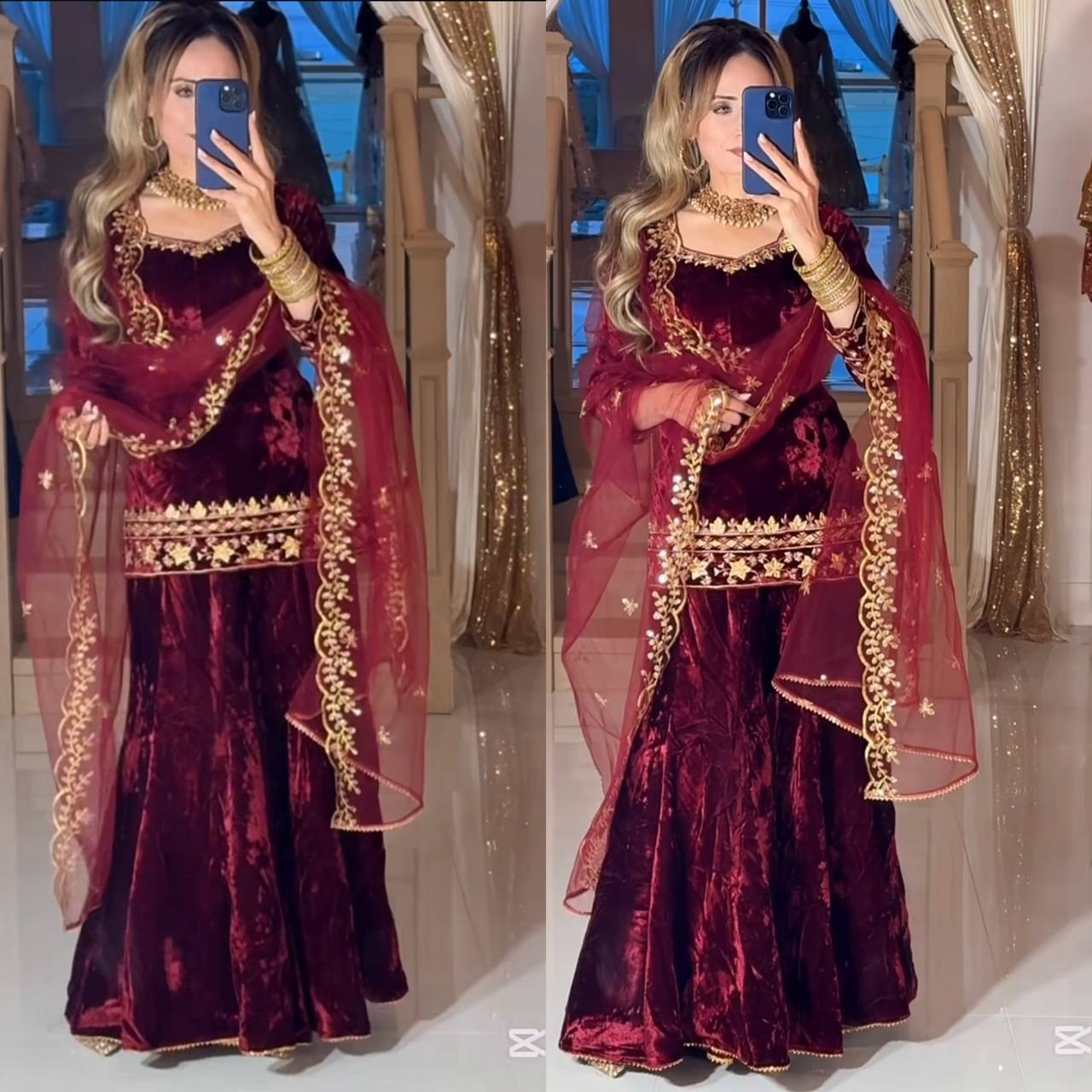 Elegant Maroon Velvet Sharara Suit with Butterfly Net Dupatta – Festive Collection