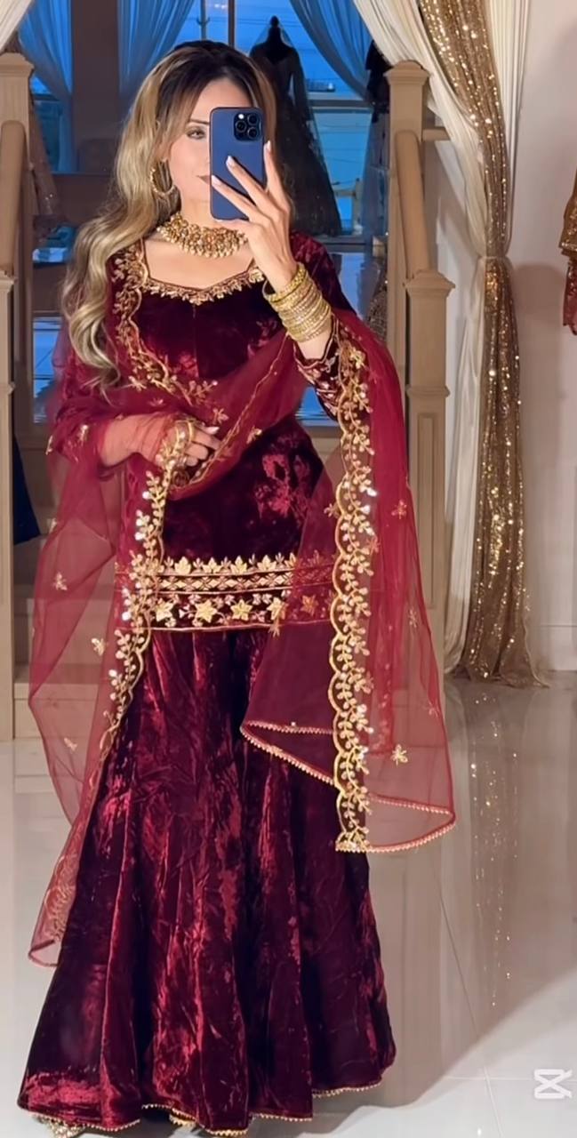 Elegant Maroon Velvet Sharara Suit with Butterfly Net Dupatta – Festive Collection