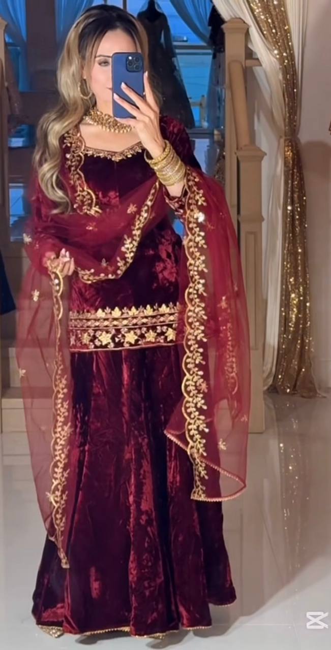 Elegant Maroon Velvet Sharara Suit with Butterfly Net Dupatta – Festive Collection