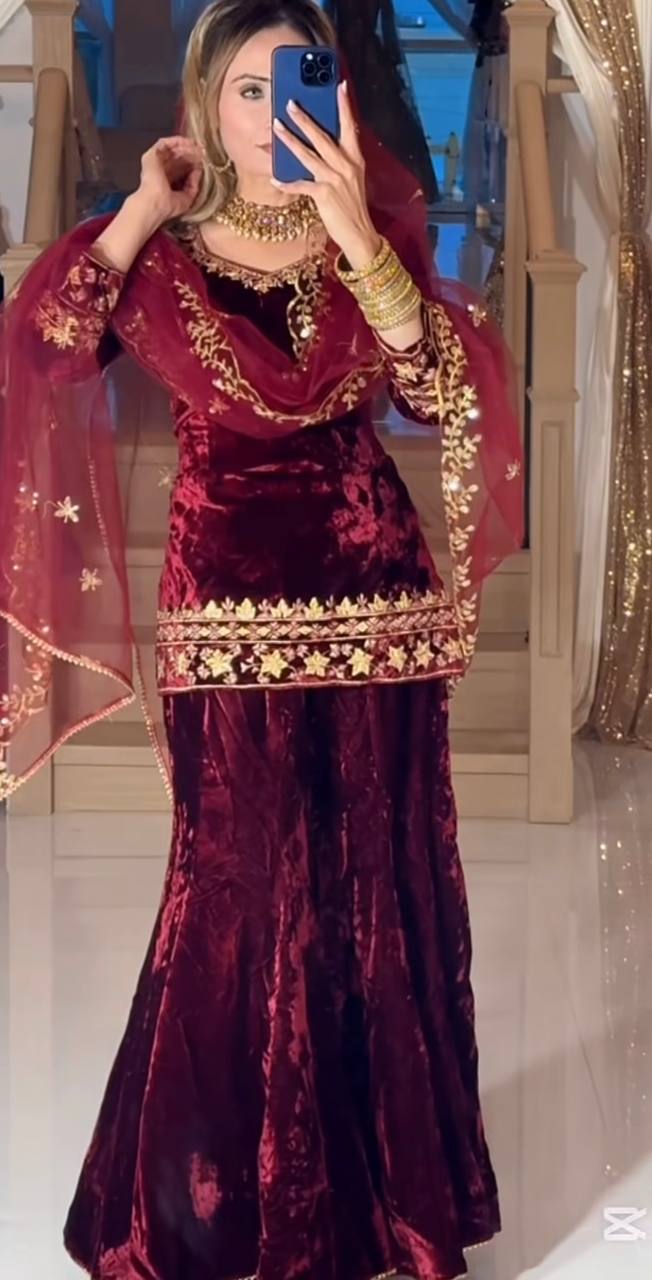 Elegant Maroon Velvet Sharara Suit with Butterfly Net Dupatta – Festive Collection