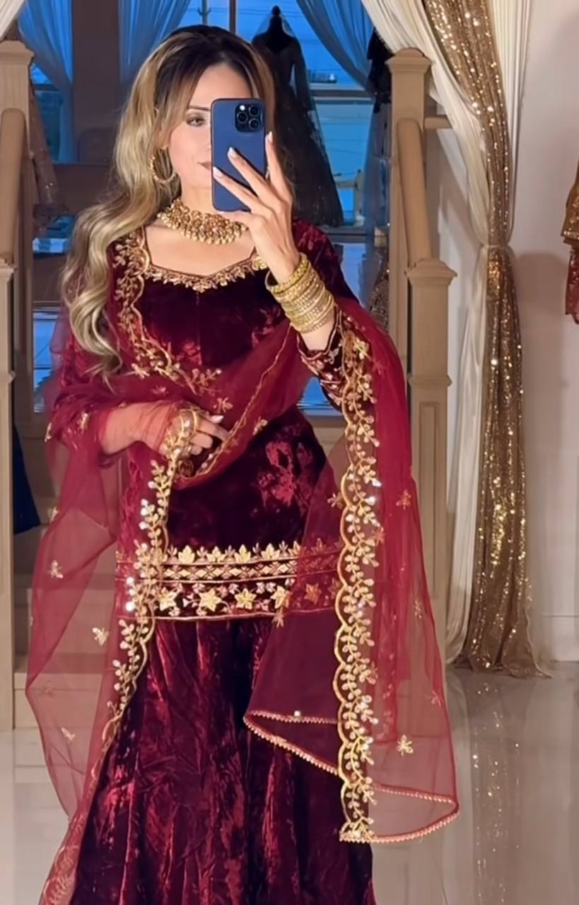 Elegant Maroon Velvet Sharara Suit with Butterfly Net Dupatta – Festive Collection