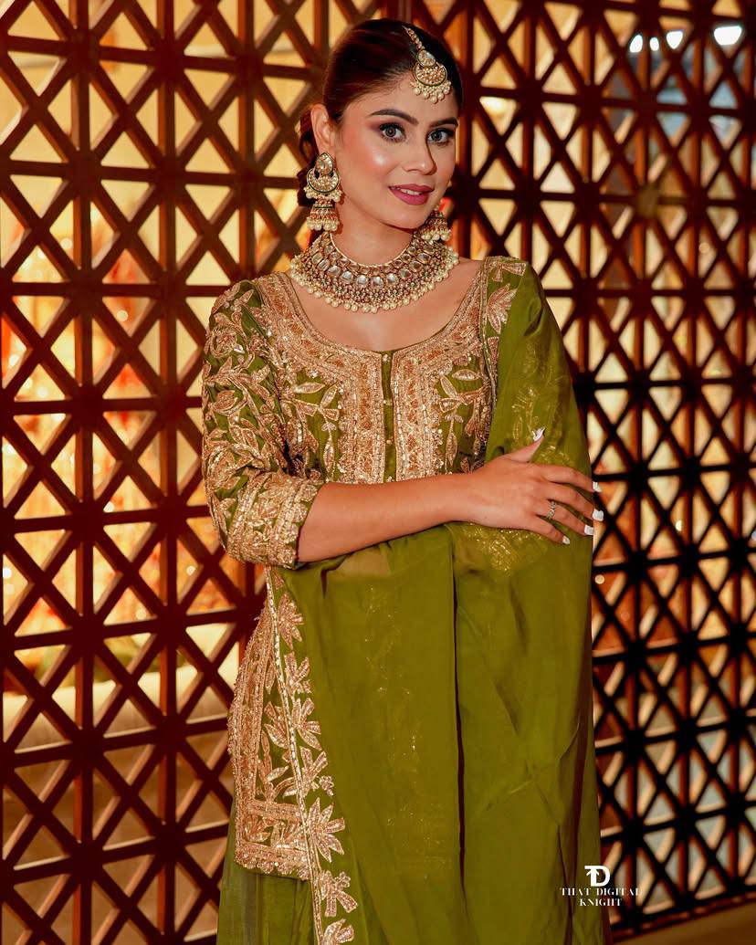 An elegant olive green set with similar embroidery and design as the first.