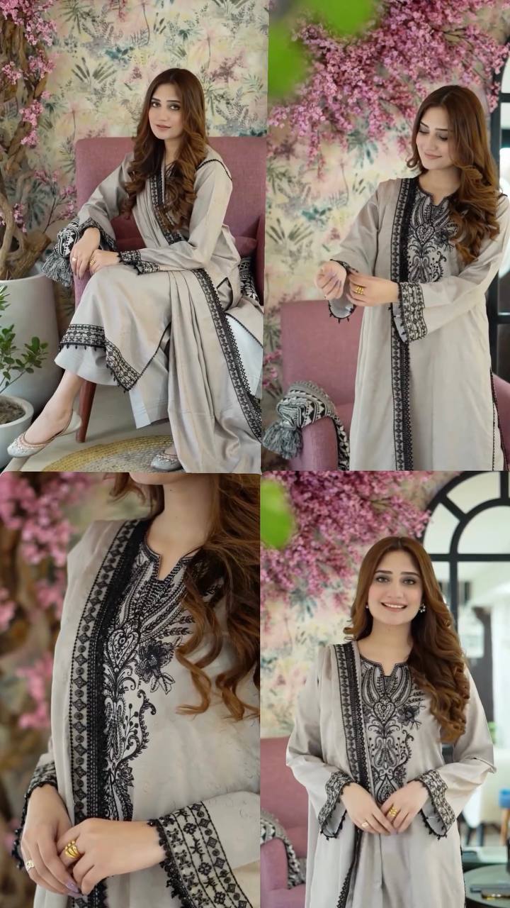 Elegant Embroidered Gray Suit with Black Detailing – Timeless Sophistication
