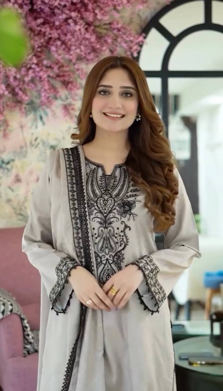 Elegant Embroidered Gray Suit with Black Detailing – Timeless Sophistication