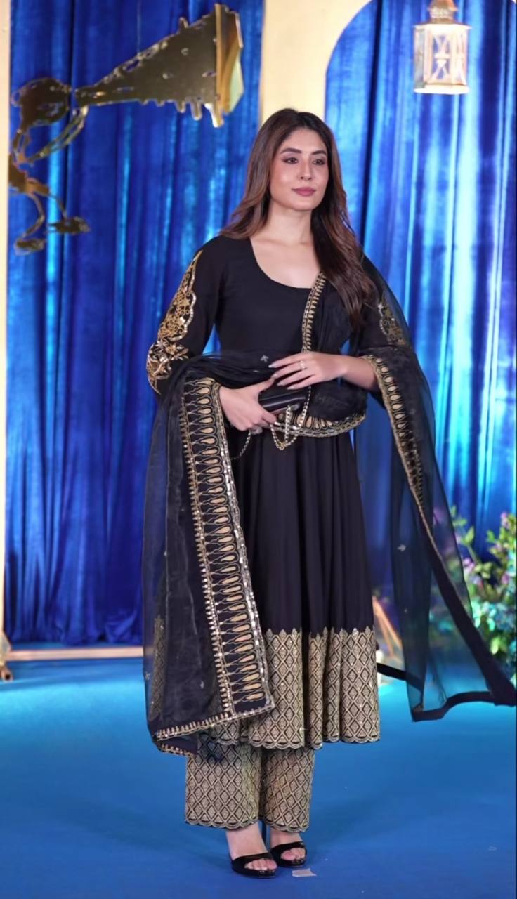 Black Blooming Georgette Embroidered Anarkali Set with Pant & Dupatta