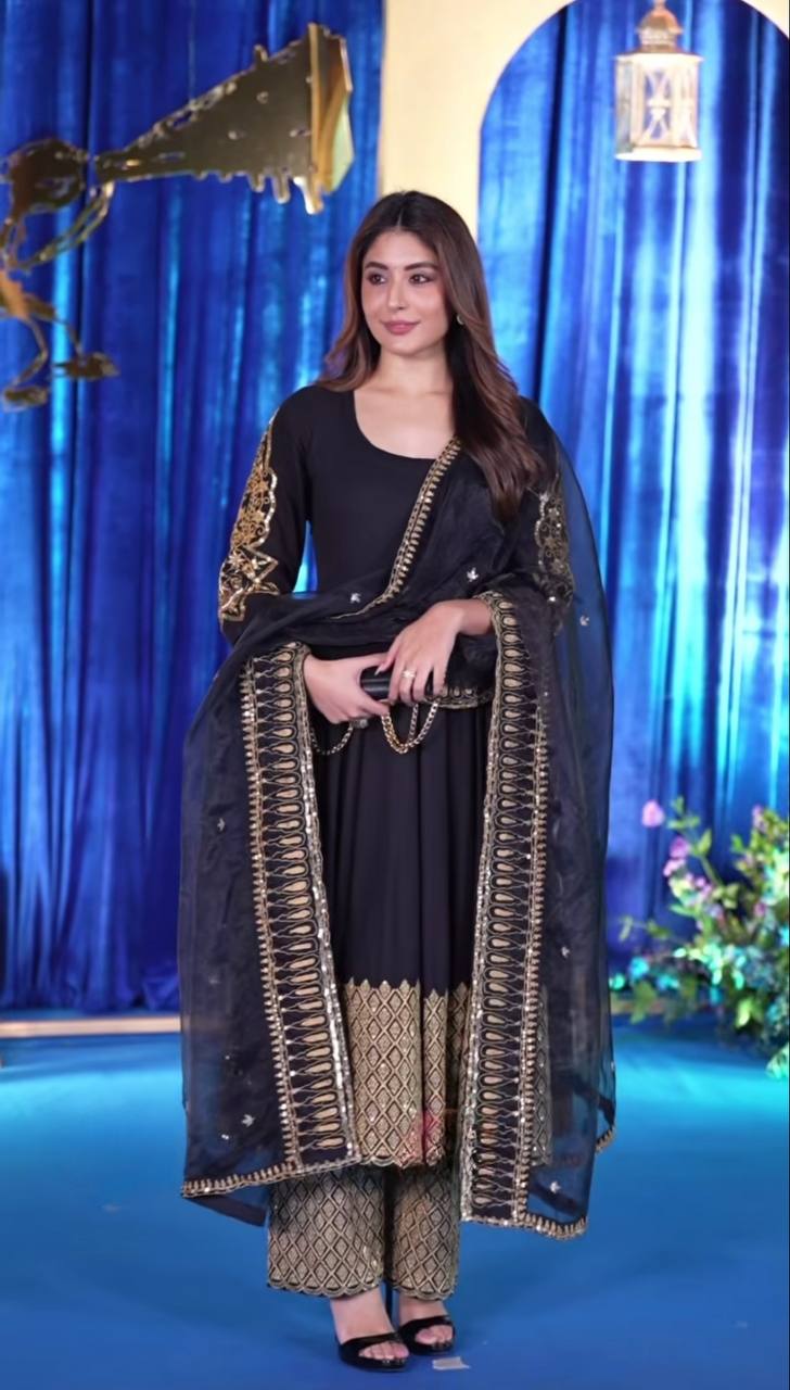 Black Blooming Georgette Embroidered Anarkali Set with Pant & Dupatta