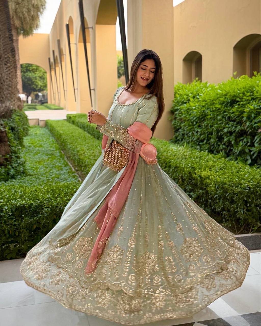 "Heavily Embellished Net Anarkali in Pastel Mint with Contrast Dupatta"