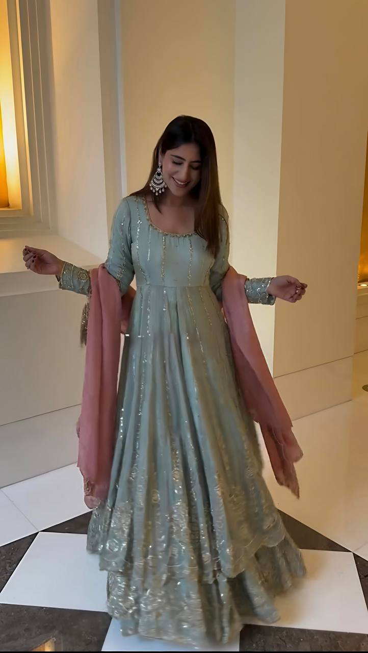 "Heavily Embellished Net Anarkali in Pastel Mint with Contrast Dupatta"