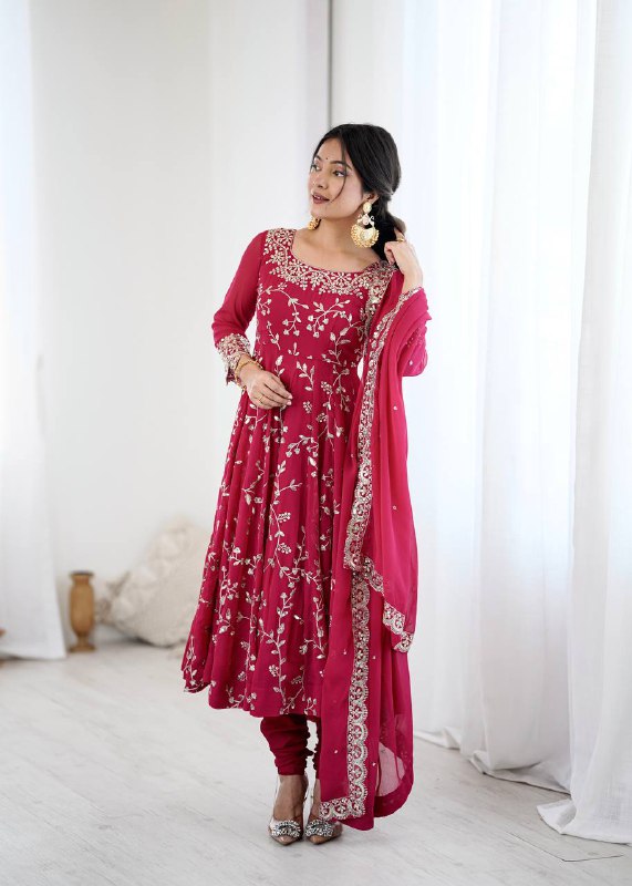 Luxury Deep Pink Festive Anarkali Suit - 3 Piece Set