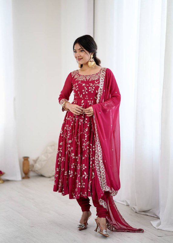 Luxury Deep Pink Festive Anarkali Suit - 3 Piece Set