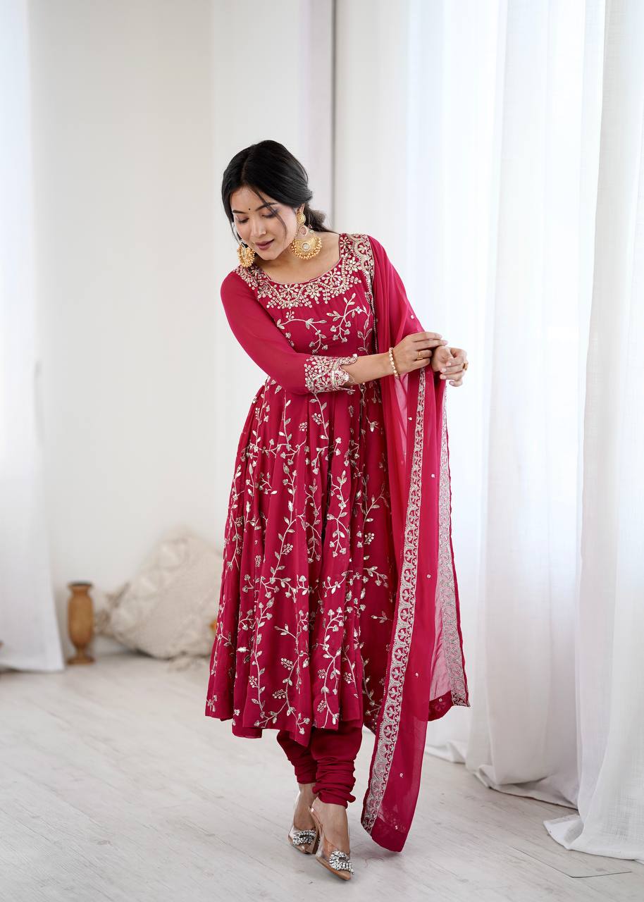 Luxury Deep Pink Festive Anarkali Suit - 3 Piece Set