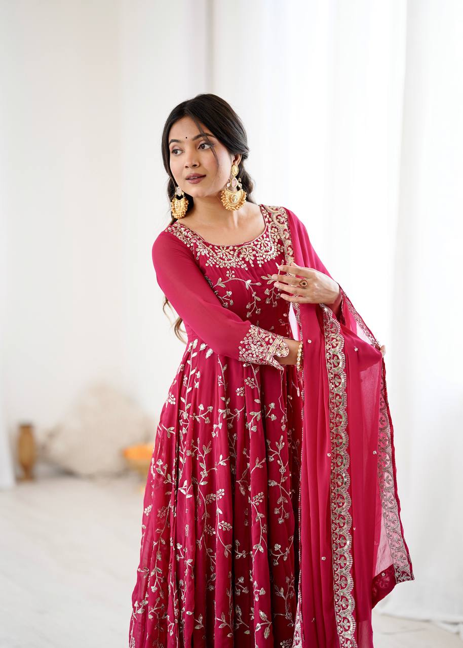 Luxury Deep Pink Festive Anarkali Suit - 3 Piece Set