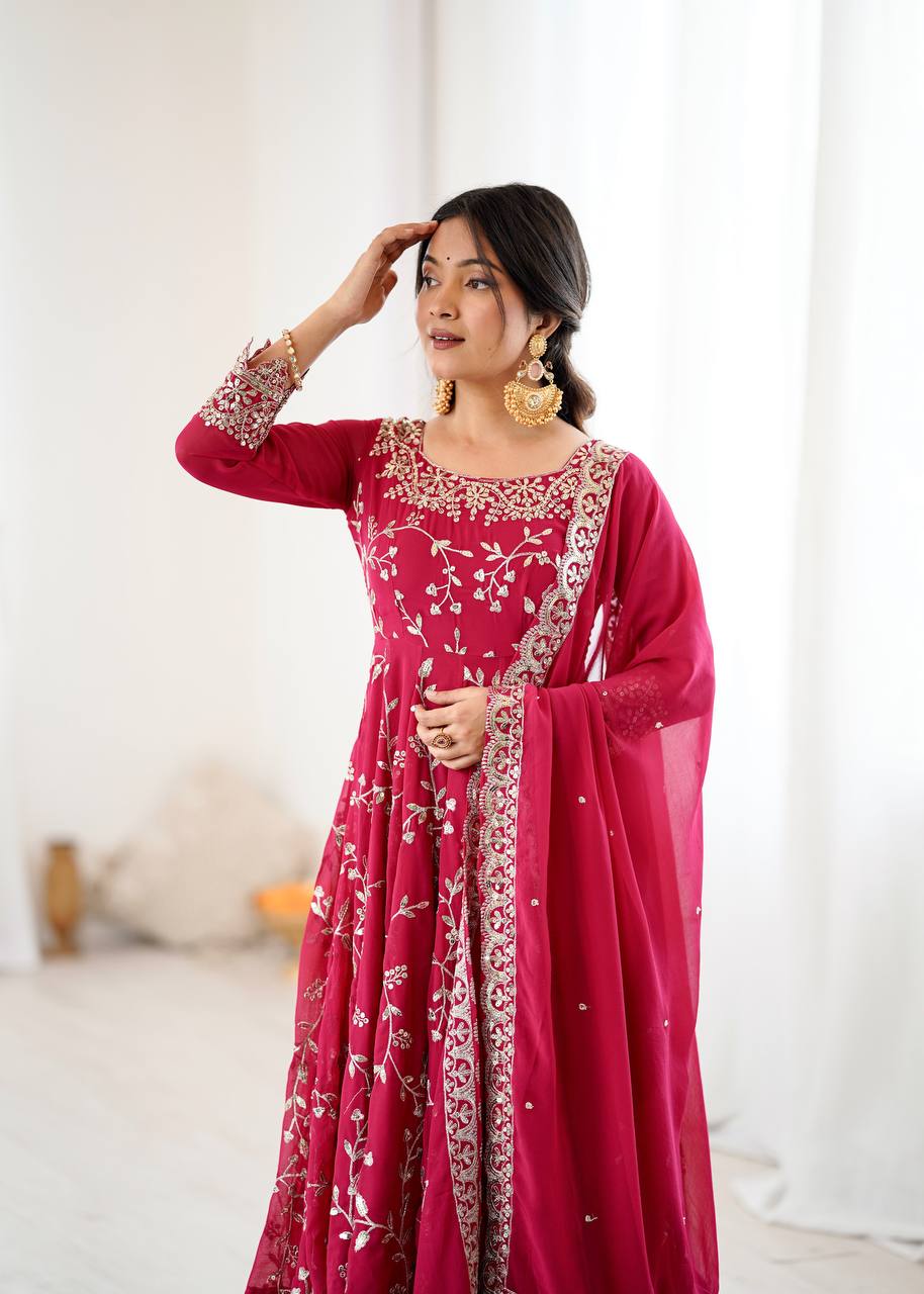 Luxury Deep Pink Festive Anarkali Suit - 3 Piece Set