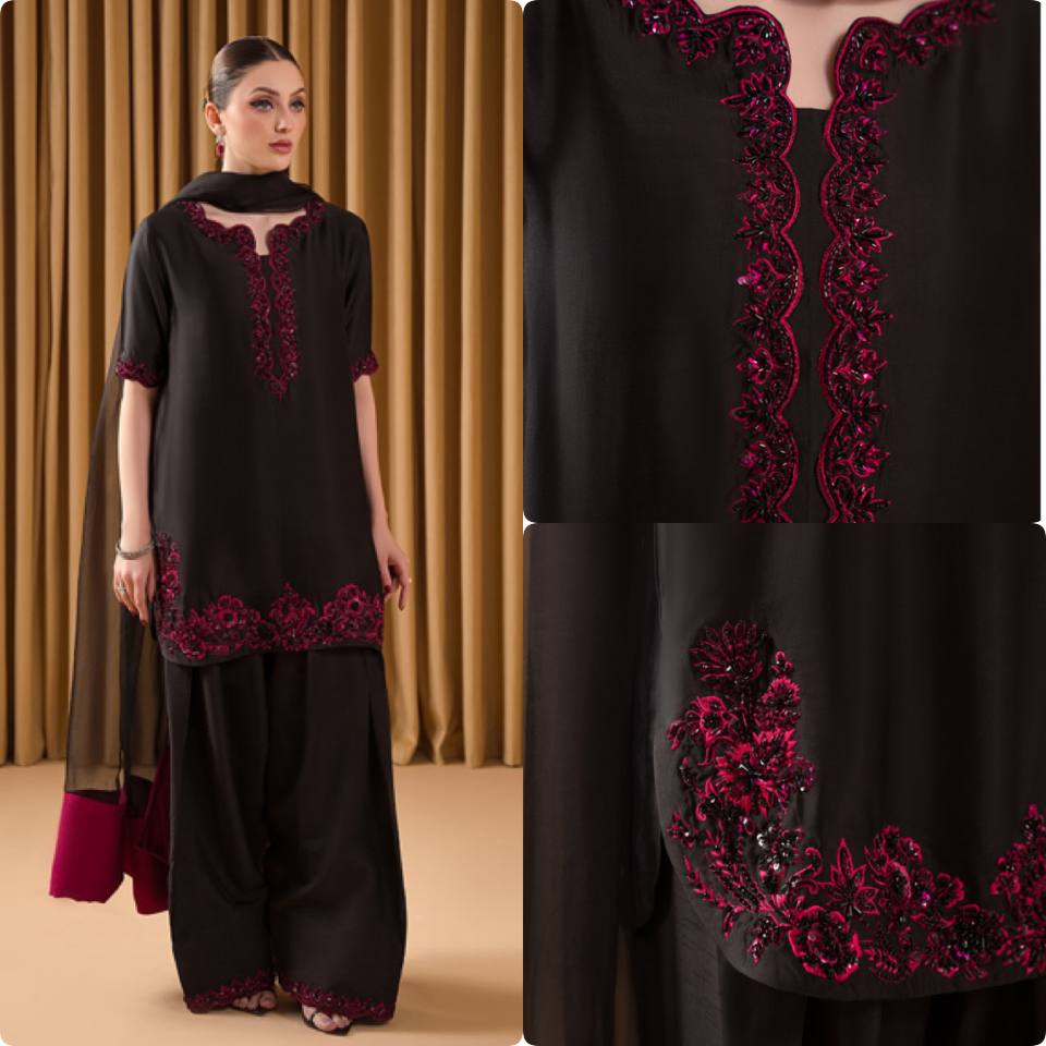 Elegant Black Three-Piece Suit with Deep Pink Embroidered Detailing for Festive or Formal Occasions        4o