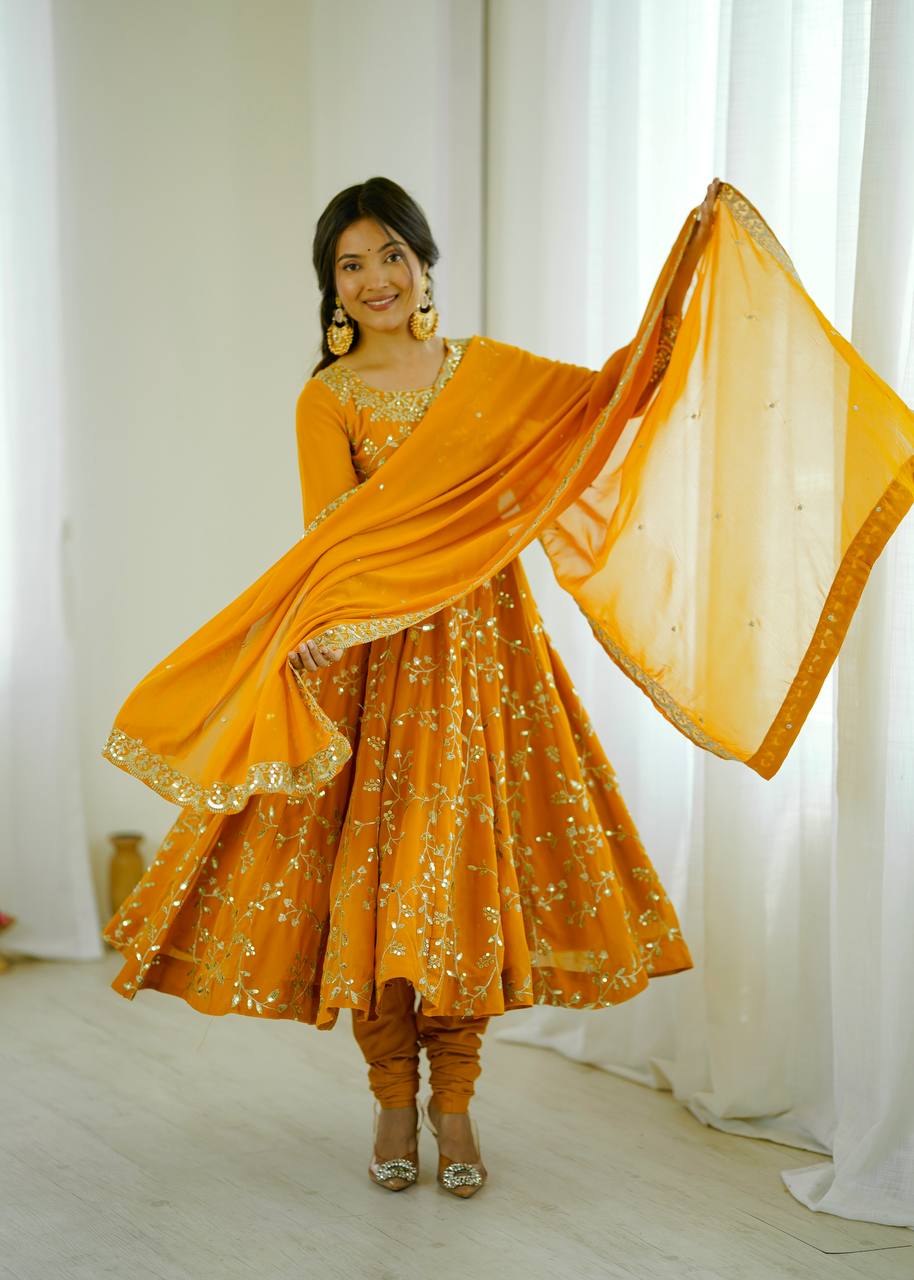 Luxury Deep Yellow Festive Anarkali Suit - 3 Piece Set