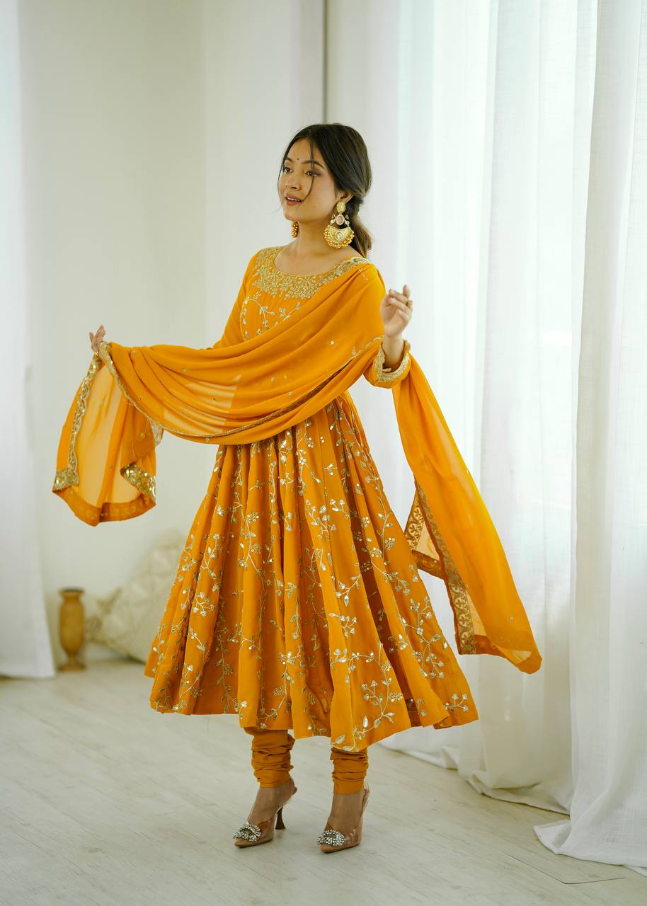 Luxury Deep Yellow Festive Anarkali Suit - 3 Piece Set