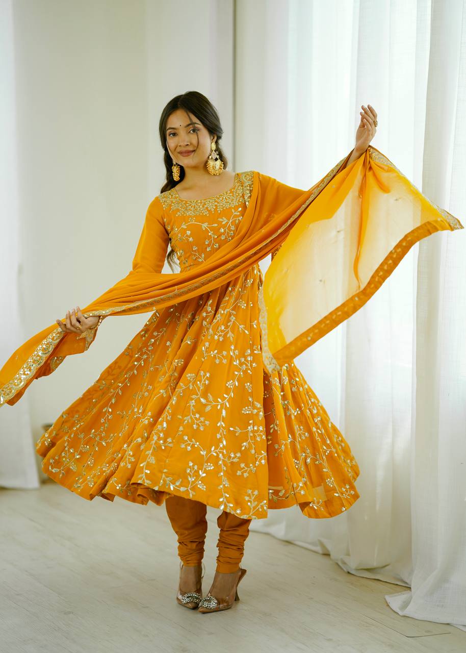 Luxury Deep Yellow Festive Anarkali Suit - 3 Piece Set