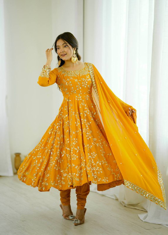 Luxury Deep Yellow Festive Anarkali Suit - 3 Piece Set