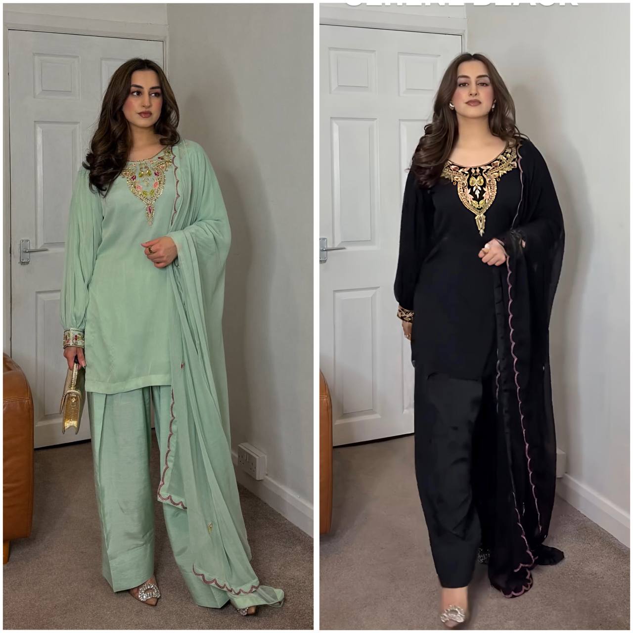 "Graceful Glamour: Timeless Ethnic Elegance in Pastel and Black Hues"