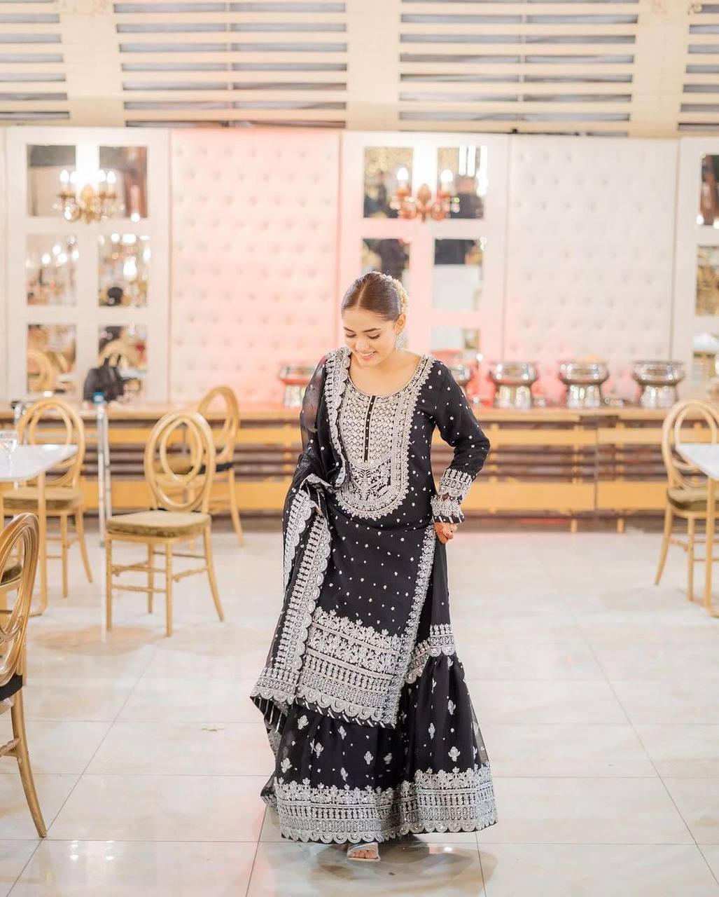 Designer Black Georgette Sharara Set with Heavy Silver Embroidery