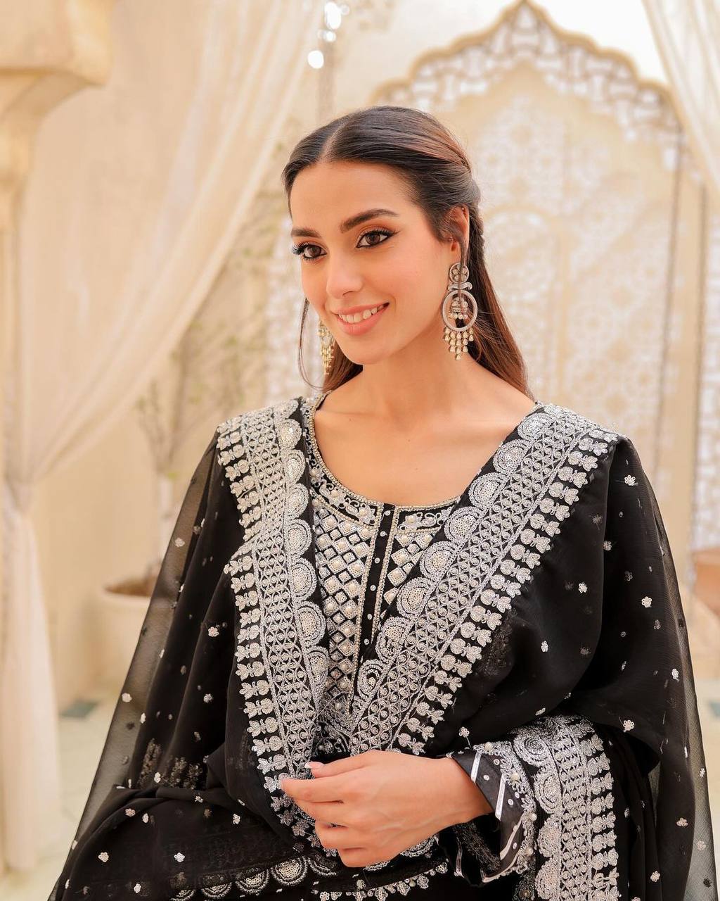 Designer Black Georgette Sharara Set with Heavy Silver Embroidery