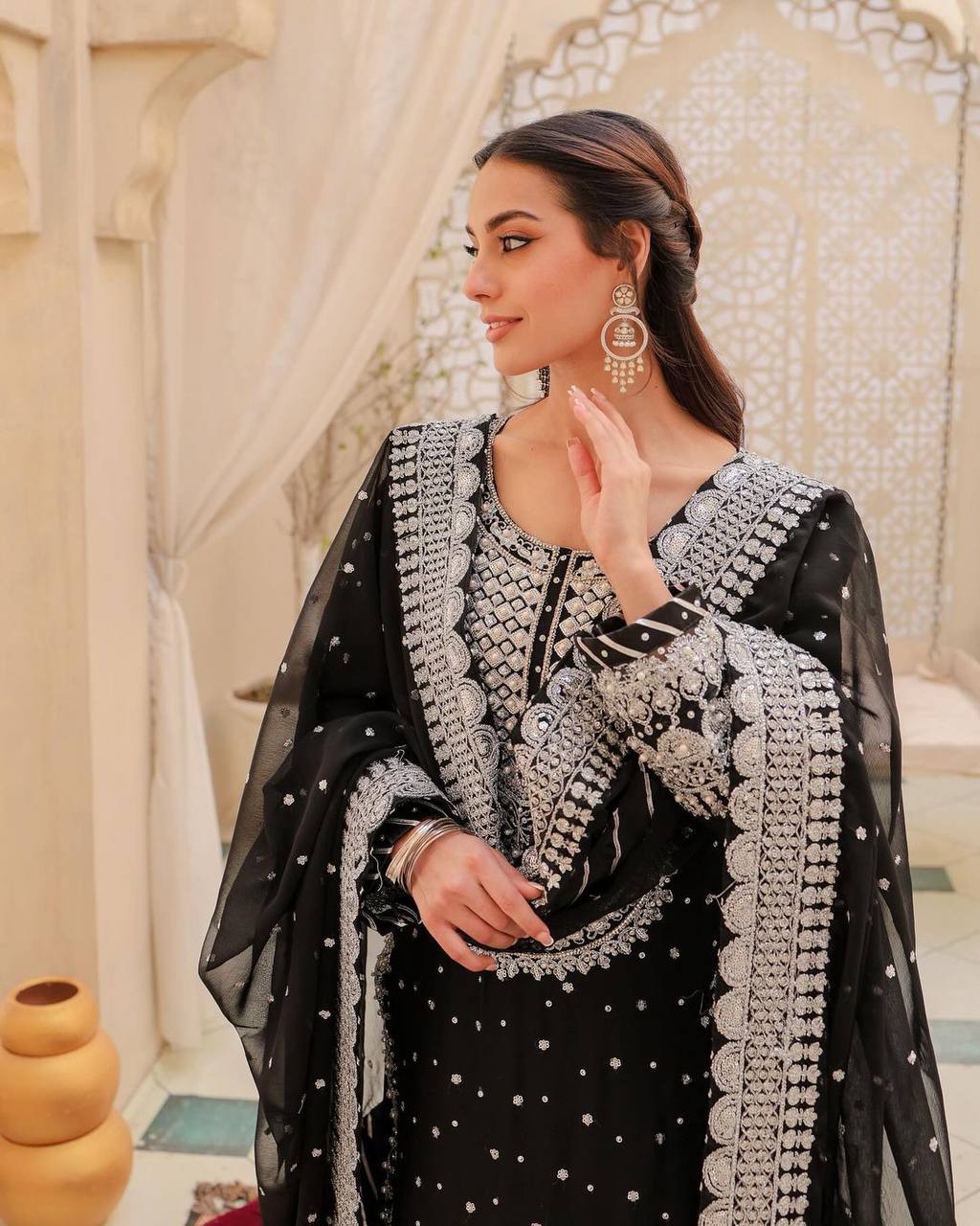 Designer Black Georgette Sharara Set with Heavy Silver Embroidery