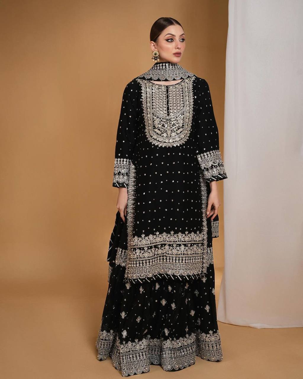 Designer Black Georgette Sharara Set with Heavy Silver Embroidery