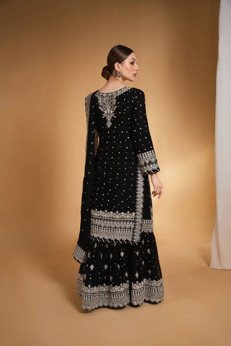 Designer Black Georgette Sharara Set with Heavy Silver Embroidery