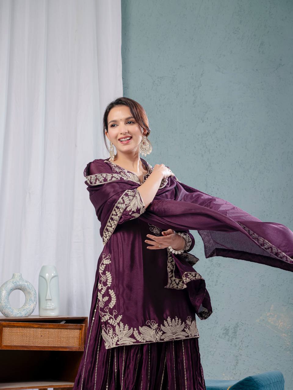 Preet Chinon Silk Sharara Set