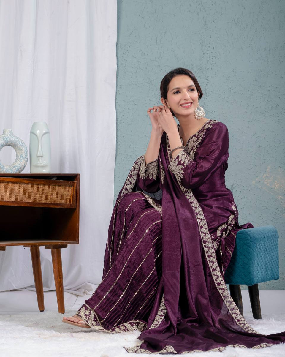 Preet Chinon Silk Sharara Set