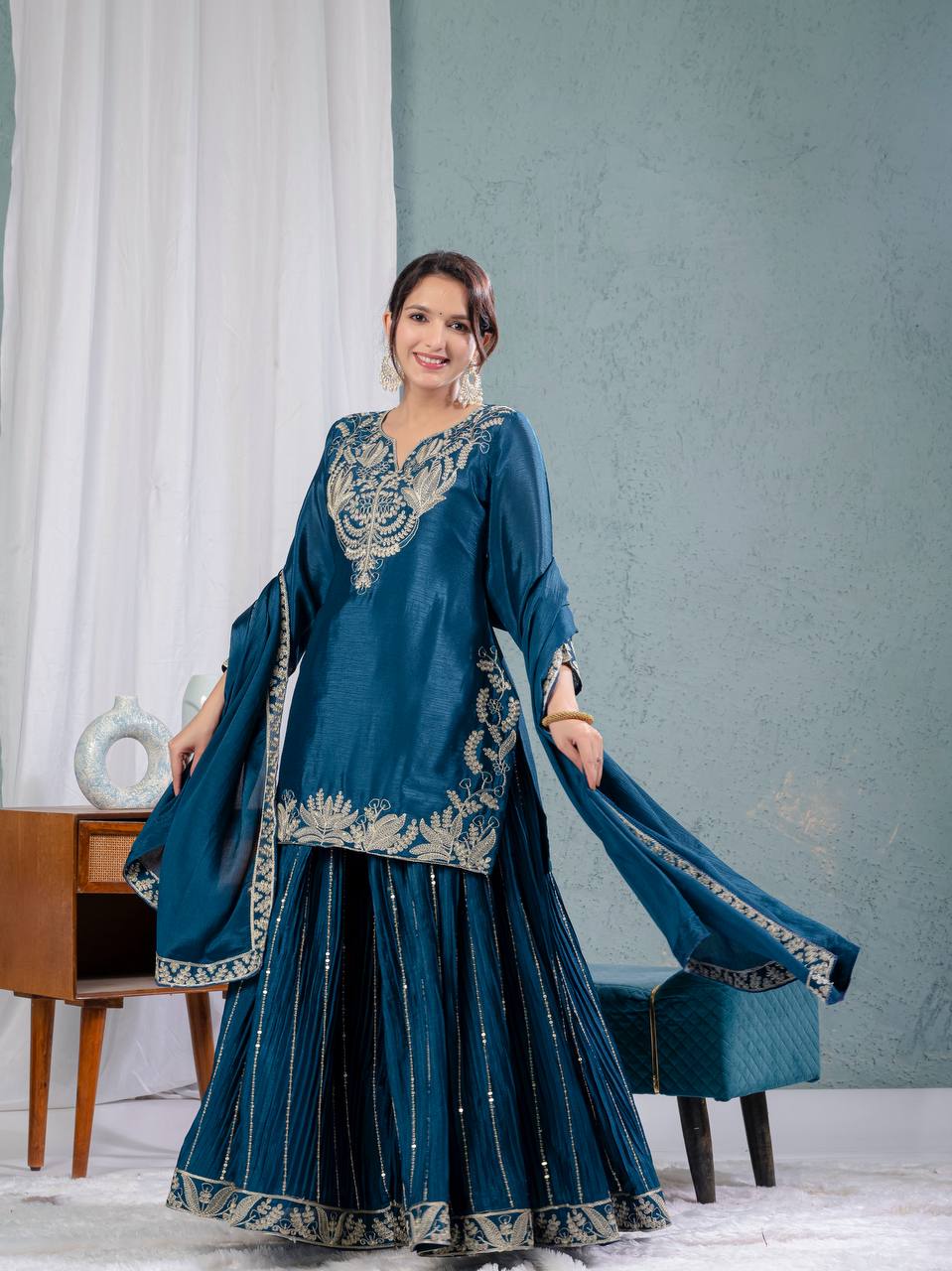 Preet Chinon Silk Sharara Set