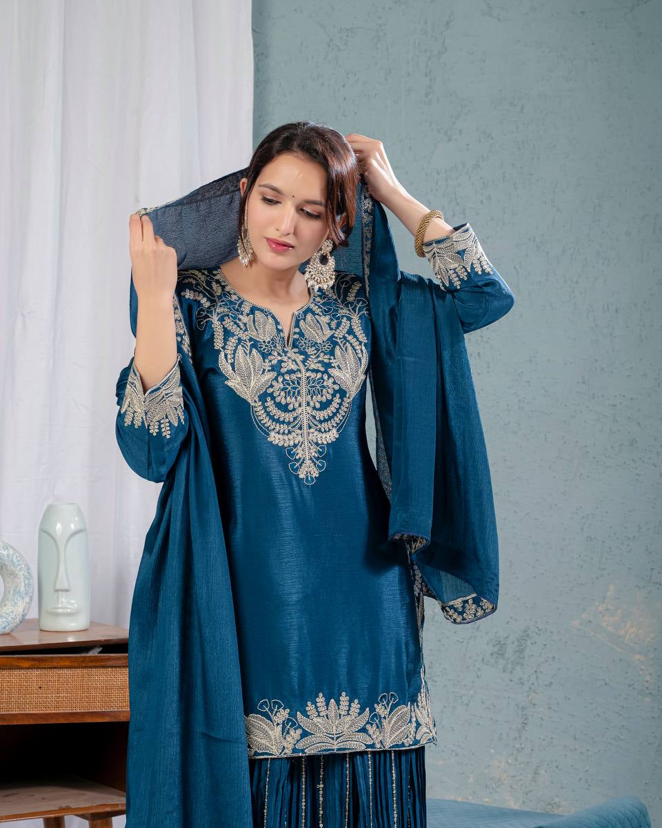 Preet Chinon Silk Sharara Set