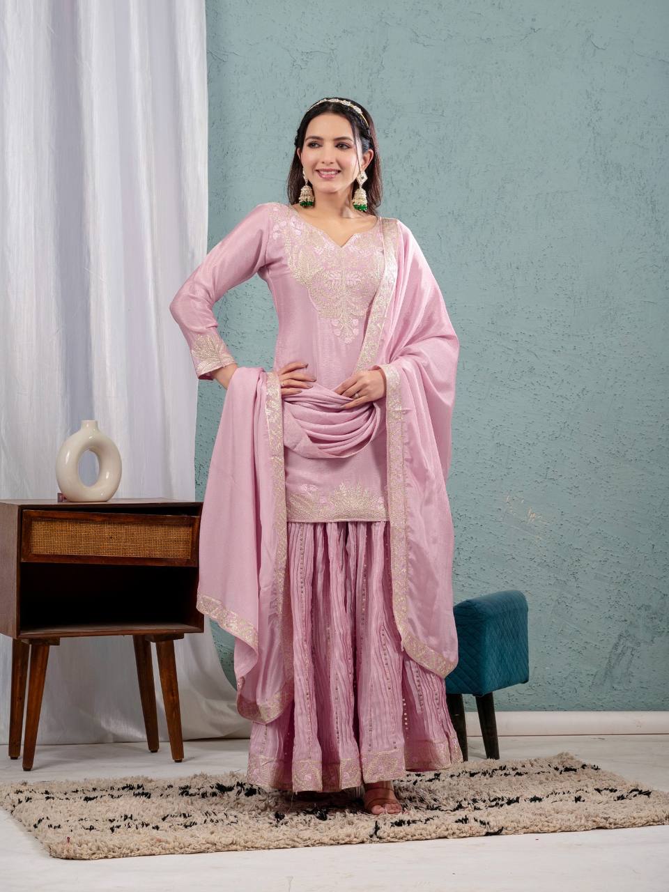 Preet Chinon Silk Sharara Set