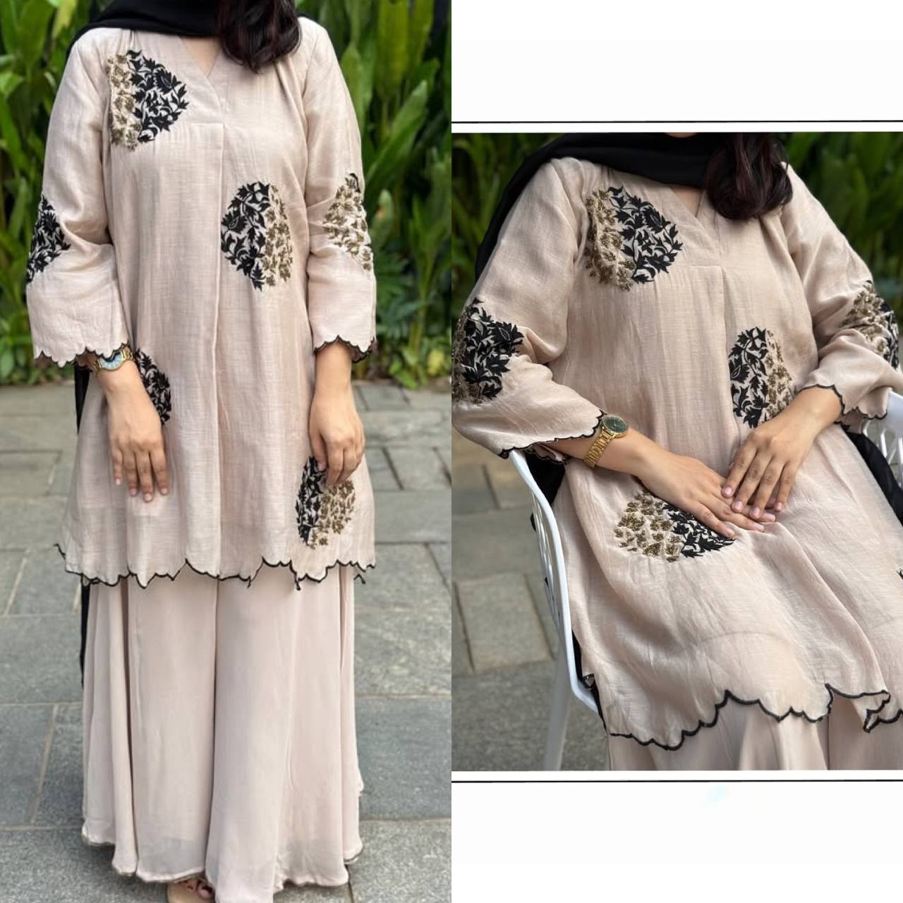 Luxe Style: Black Embroidery on Elegant Beige Kurta