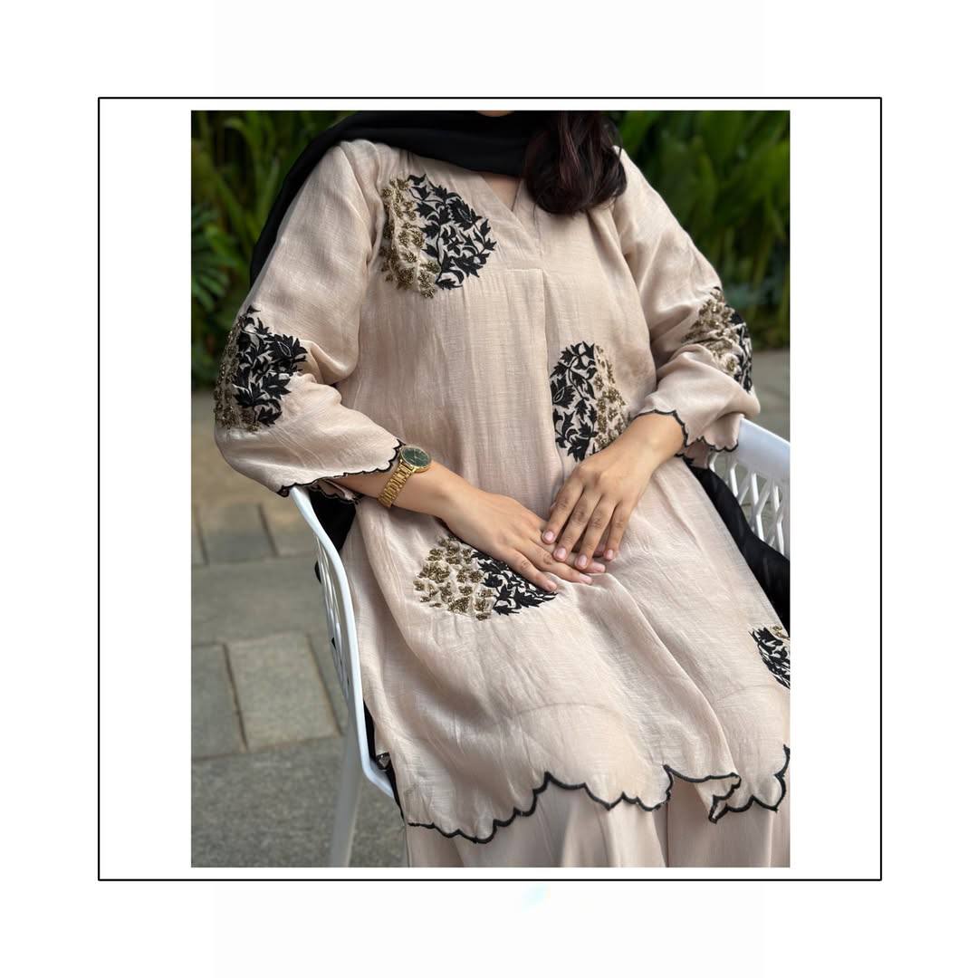 Luxe Style: Black Embroidery on Elegant Beige Kurta