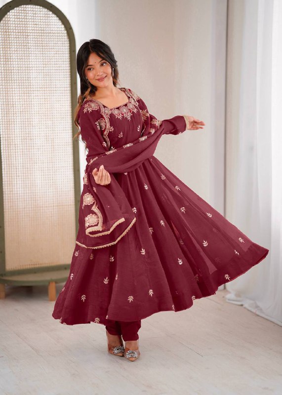 Maroon Anarkali Kurta with Gold Floral Embroidery
