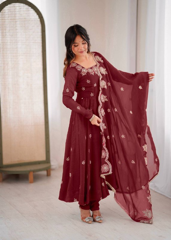 Maroon Anarkali Kurta with Gold Floral Embroidery
