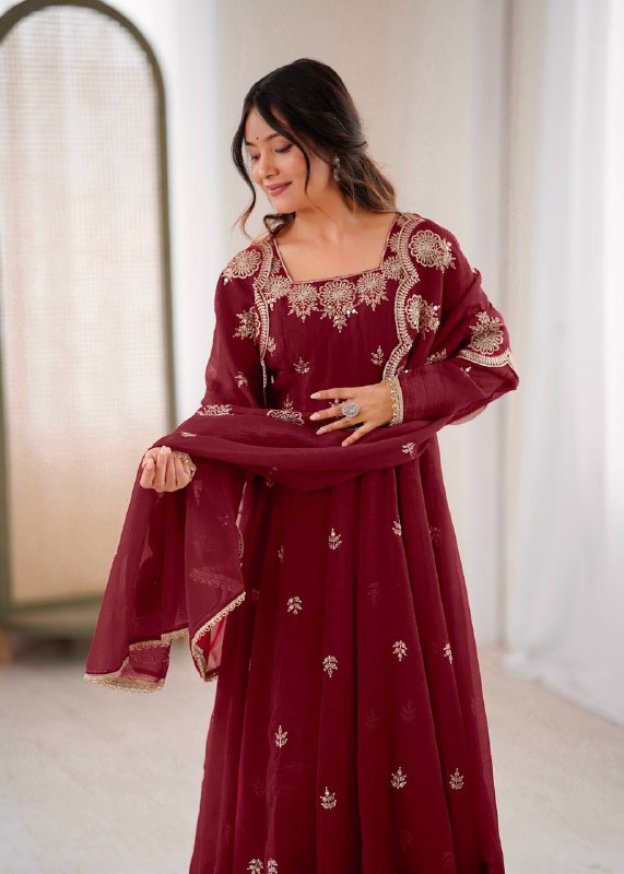 Maroon Anarkali Kurta with Gold Floral Embroidery