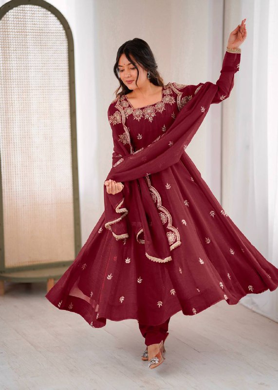 Maroon Anarkali Kurta with Gold Floral Embroidery