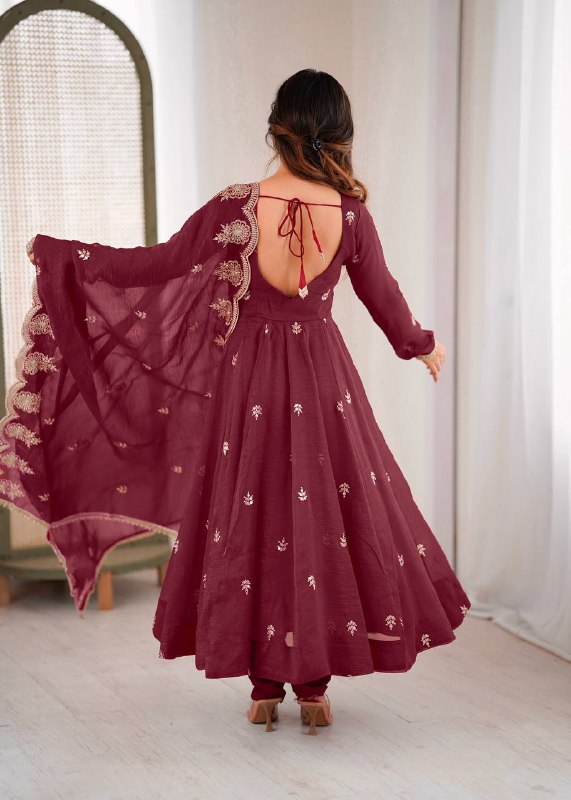 Maroon Anarkali Kurta with Gold Floral Embroidery