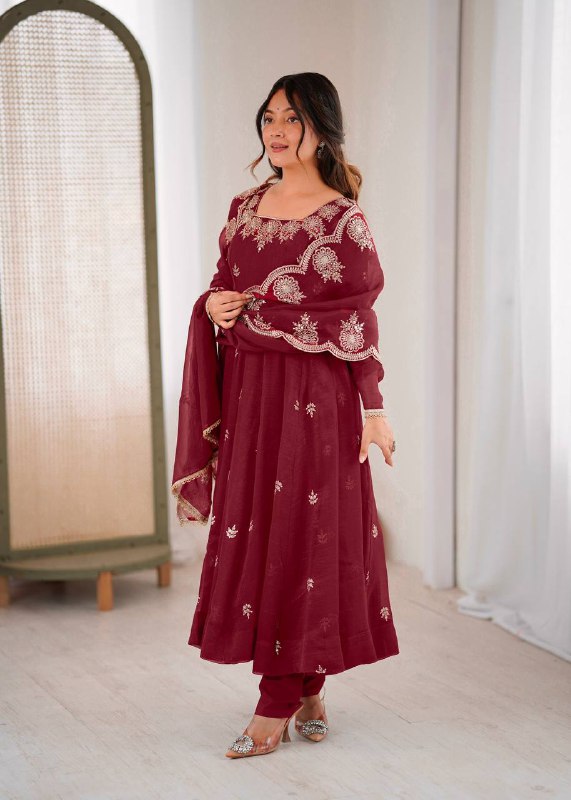 Maroon Anarkali Kurta with Gold Floral Embroidery