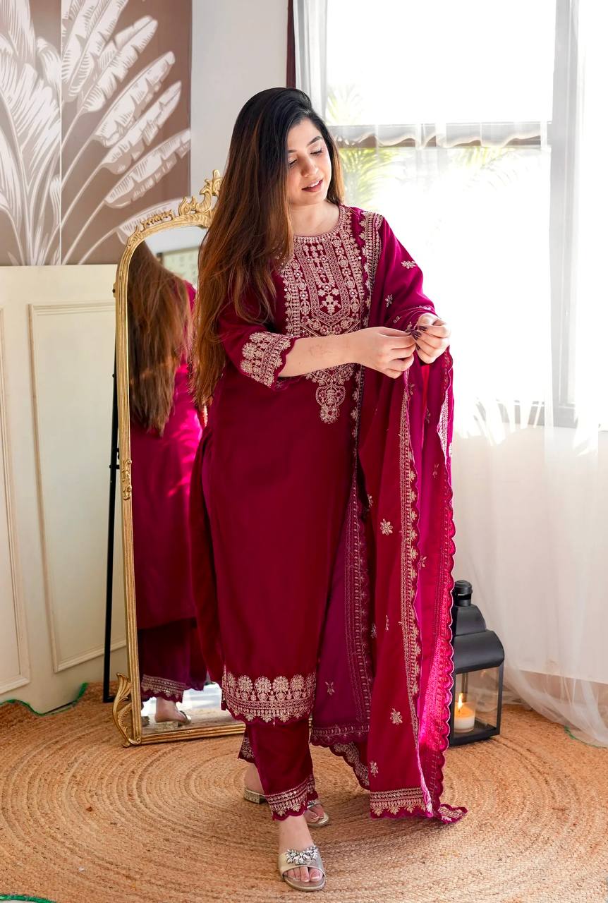 Heavy Viscose Velvet Embroidered 3-Piece Suit Set