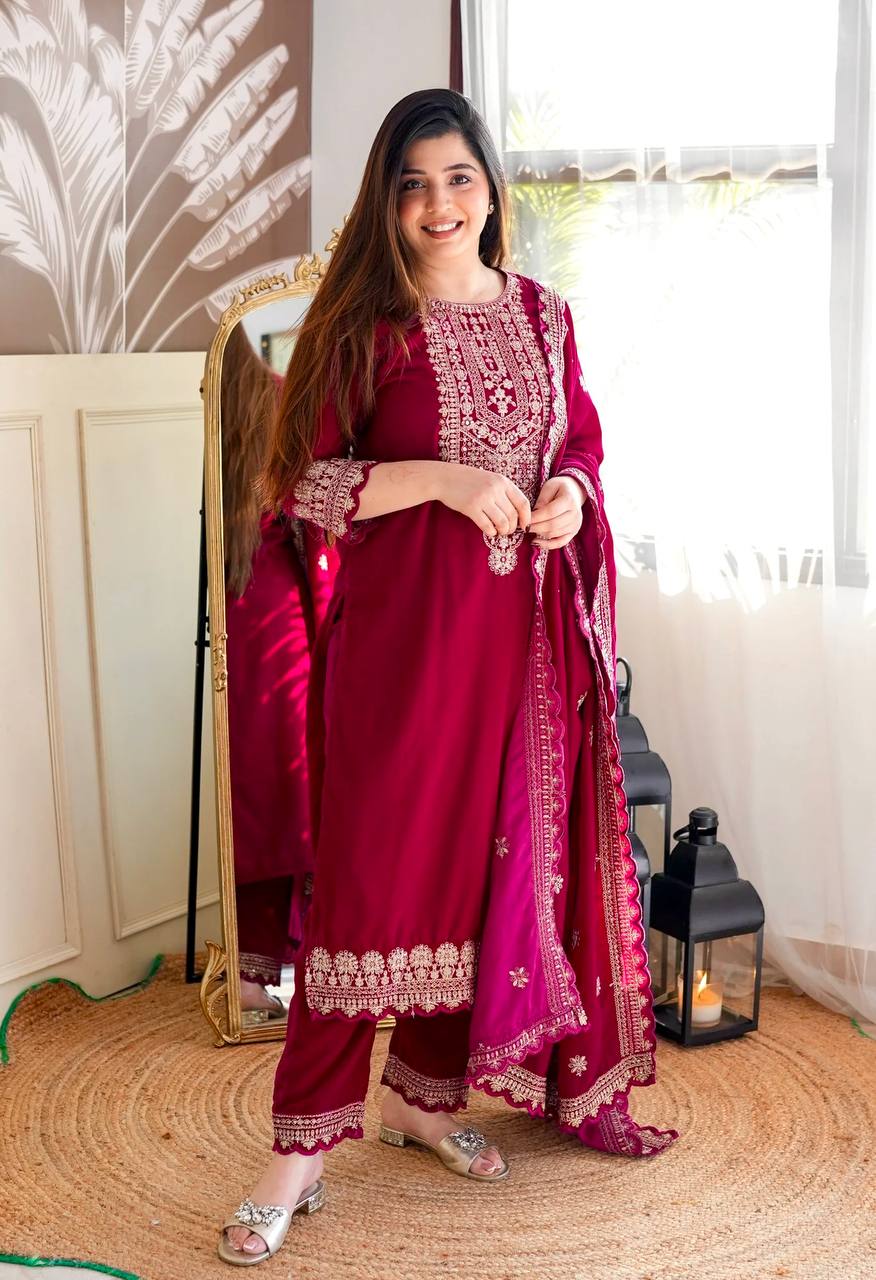 Heavy Viscose Velvet Embroidered 3-Piece Suit Set