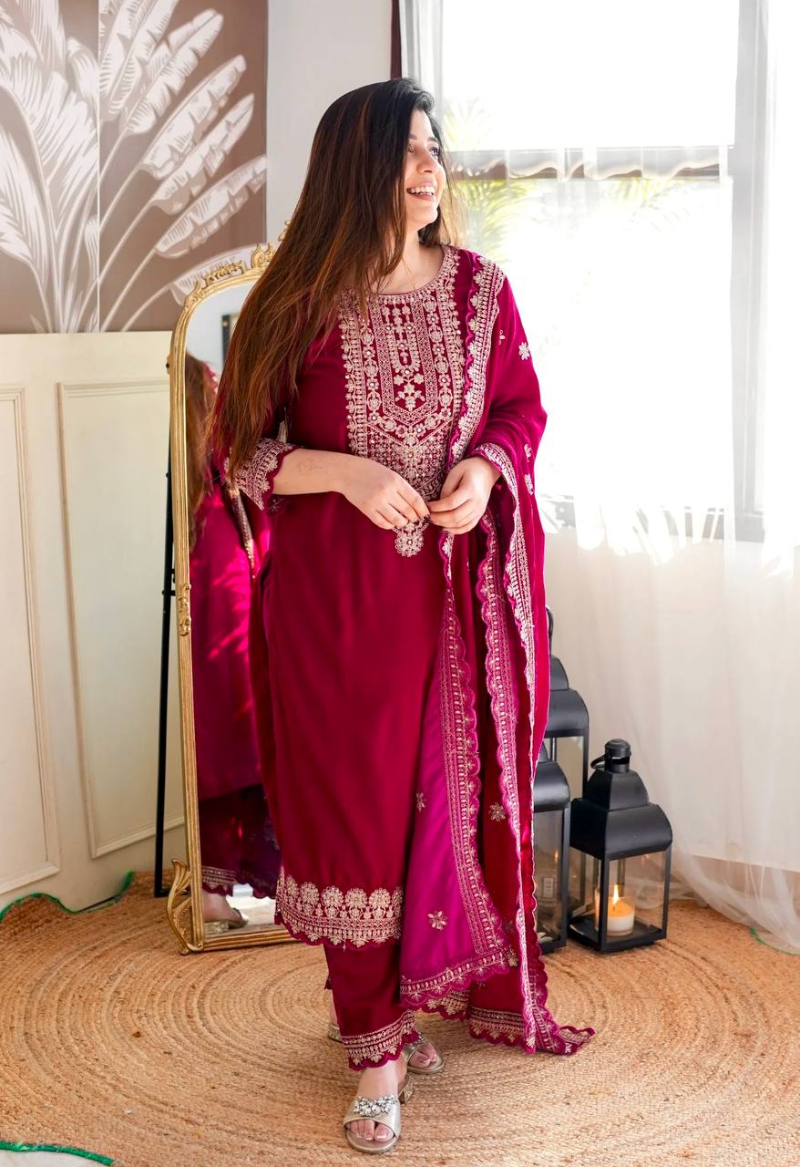 Heavy Viscose Velvet Embroidered 3-Piece Suit Set